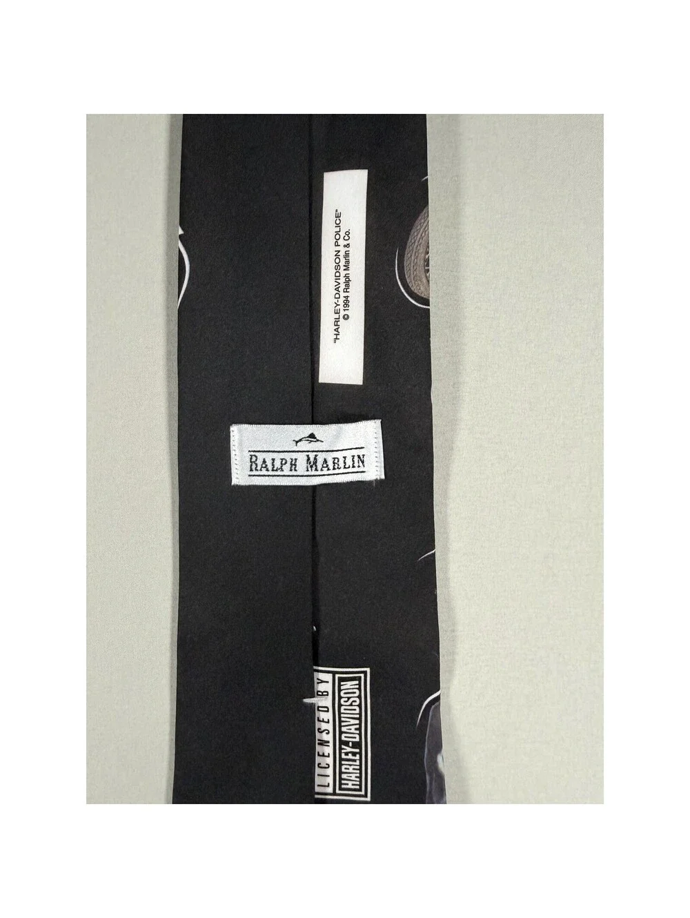 Vintage 1994 Ralph Marlin Harley Davidson Police Motorcycle Men Black Silk Tie
